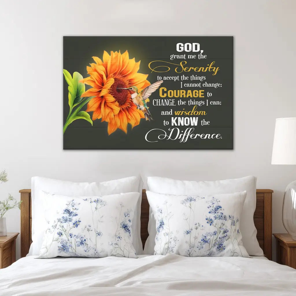 Serenity Prayer Canvas, Hummingbird Sunflower, Christian Wall Art