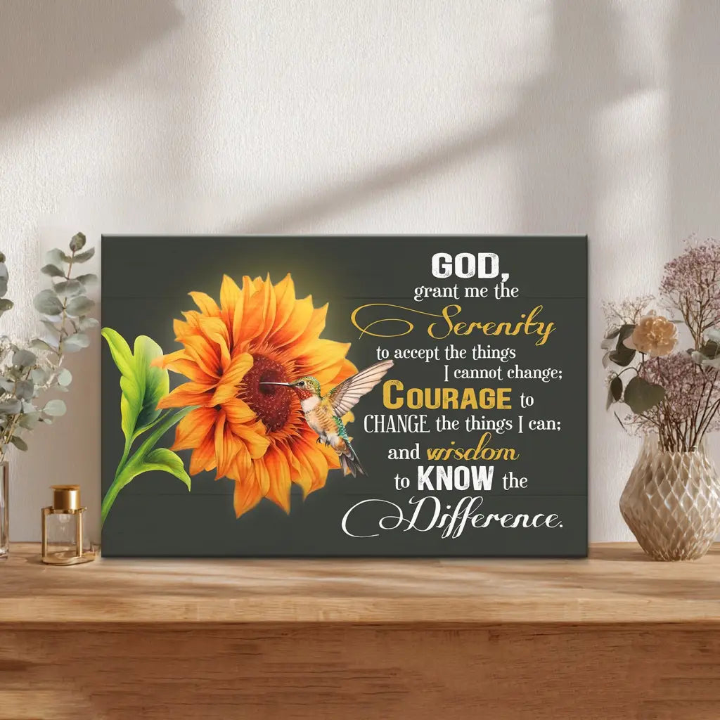 Serenity Prayer Canvas, Hummingbird Sunflower, Christian Wall Art