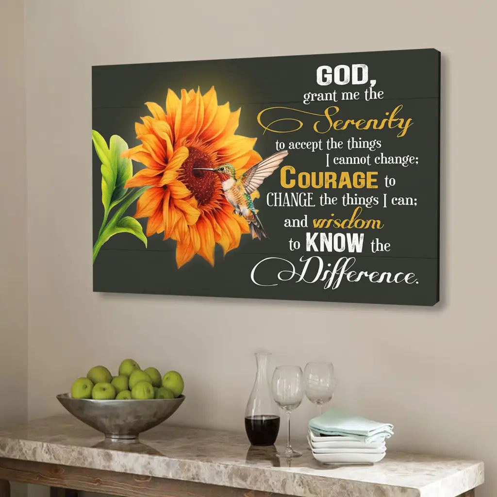 Serenity Prayer Canvas, Hummingbird Sunflower, Christian Wall Art
