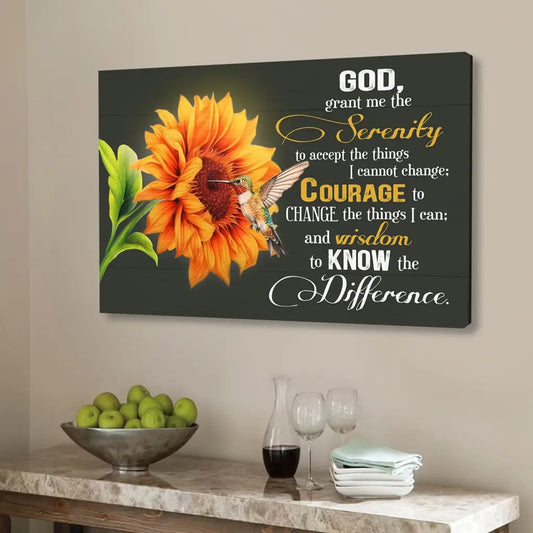 Serenity Prayer Canvas, Hummingbird Sunflower, Christian Wall Art