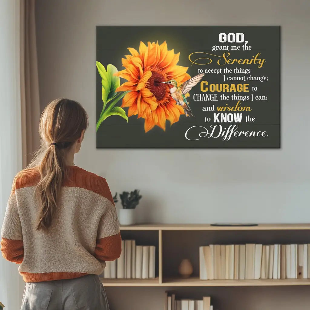 Serenity Prayer Canvas, Hummingbird Sunflower, Christian Wall Art