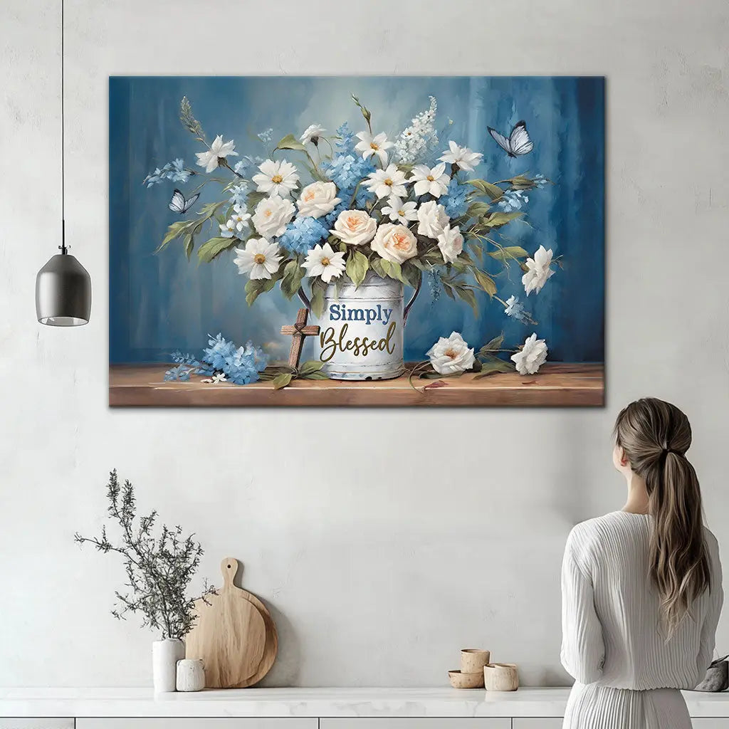 Simply Blessed Wall Art Canvas, Flowers and Butterflies, Christian Wall Decor