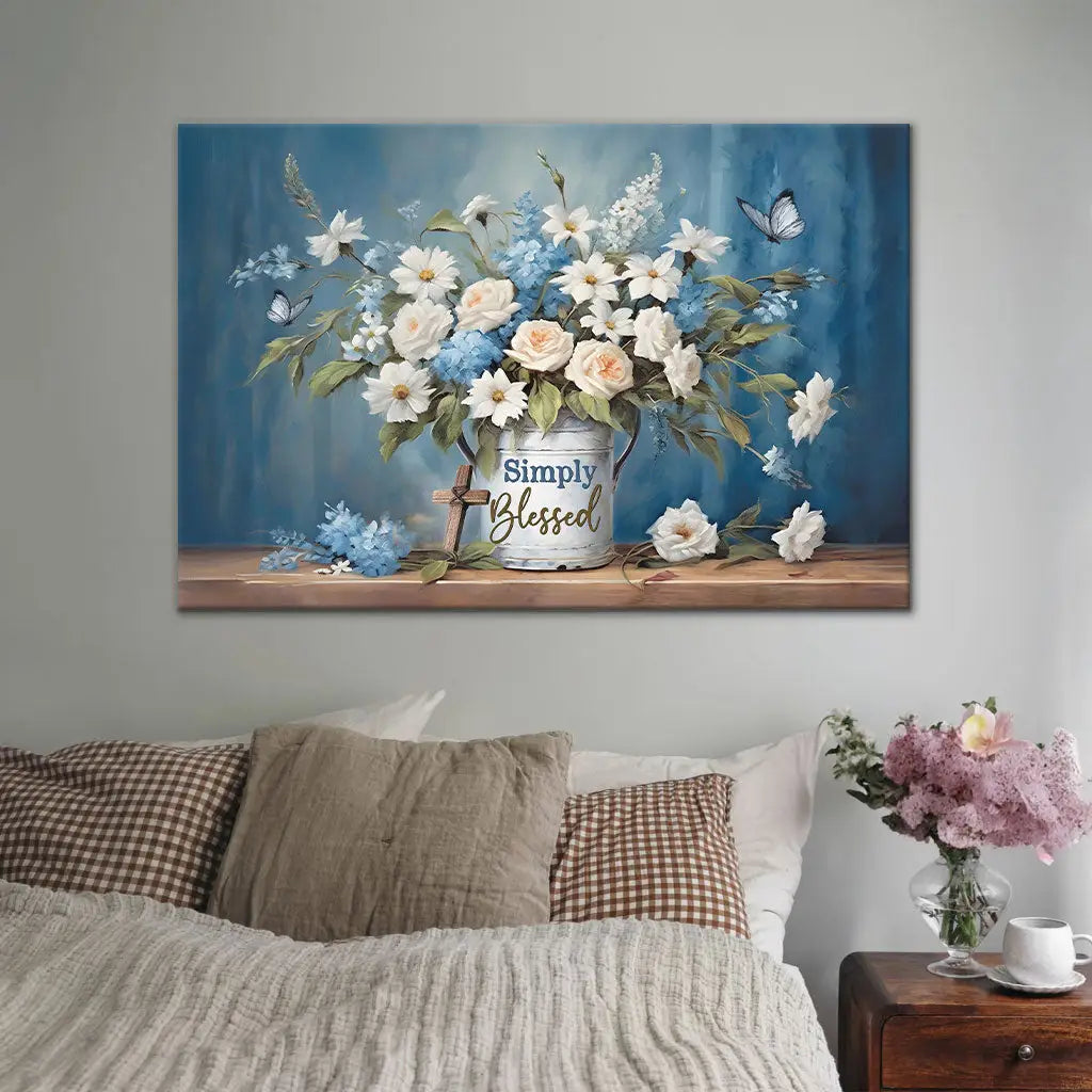 Simply Blessed Wall Art Canvas, Flowers and Butterflies, Christian Wall Decor