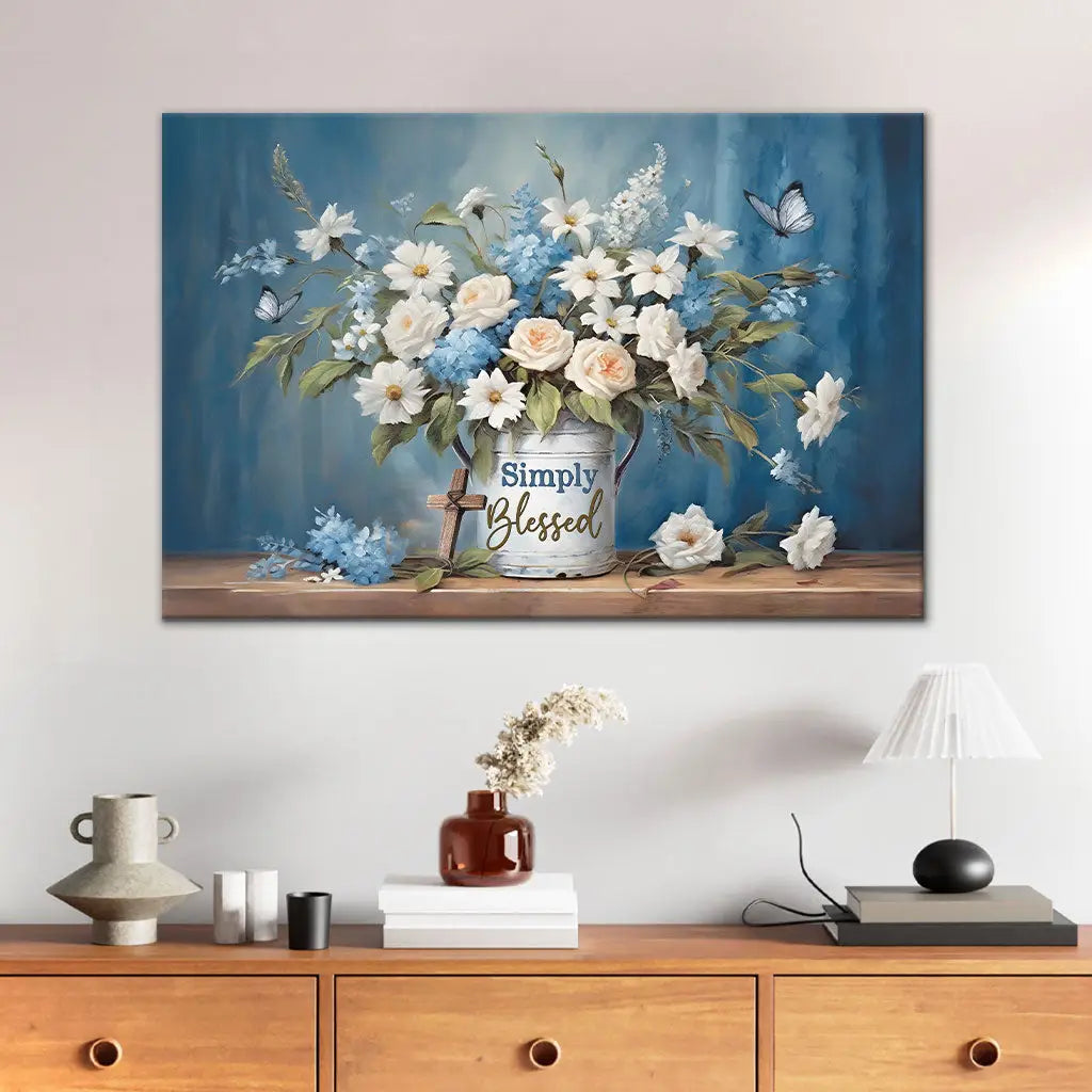 Simply Blessed Wall Art Canvas, Flowers and Butterflies, Christian Wall Decor