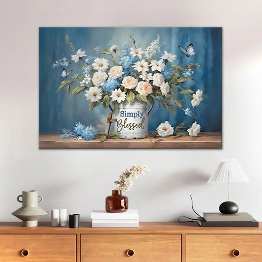Simply Blessed Wall Art Canvas, Flowers and Butterflies, Christian Wall Decor