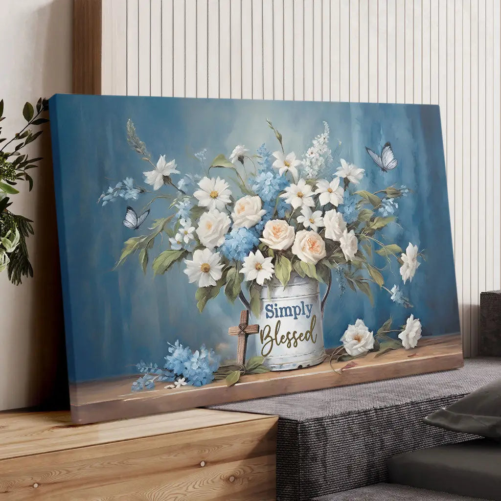 Simply Blessed Wall Art Canvas, Flowers and Butterflies, Christian Wall Decor