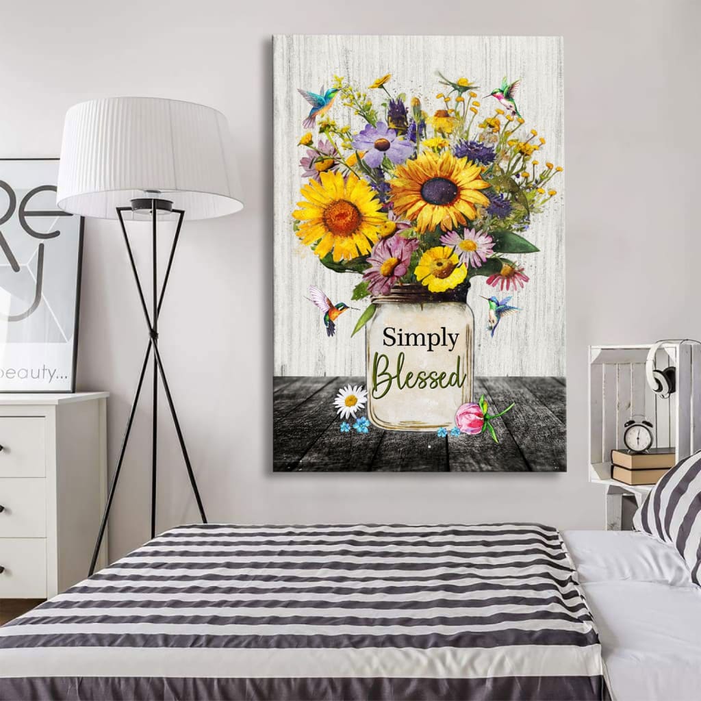 Simply Blessed, Hummingbirds and Flowers in Vase, Christian Wall Art Canvas
