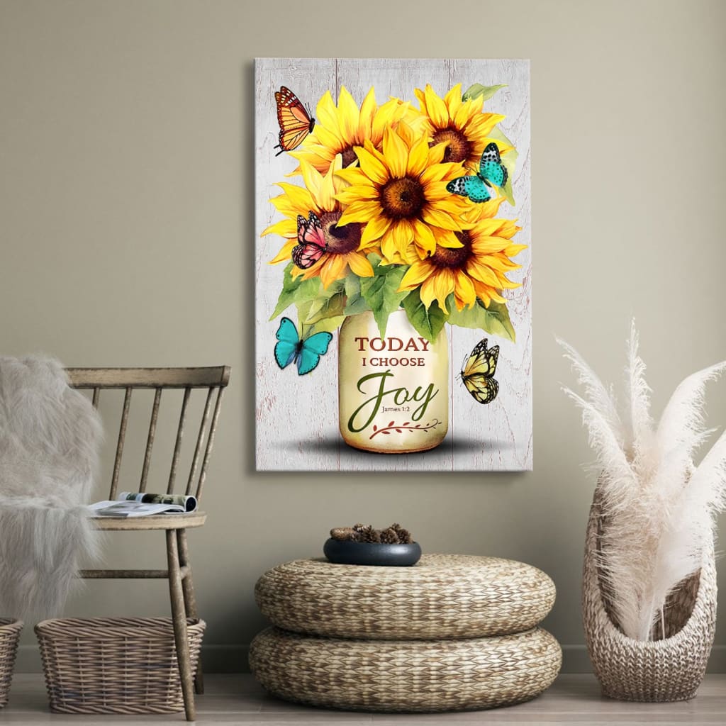 Christian Wall Art Canvas - Today I Choose Joy, Sunflower & Butterfly Vase