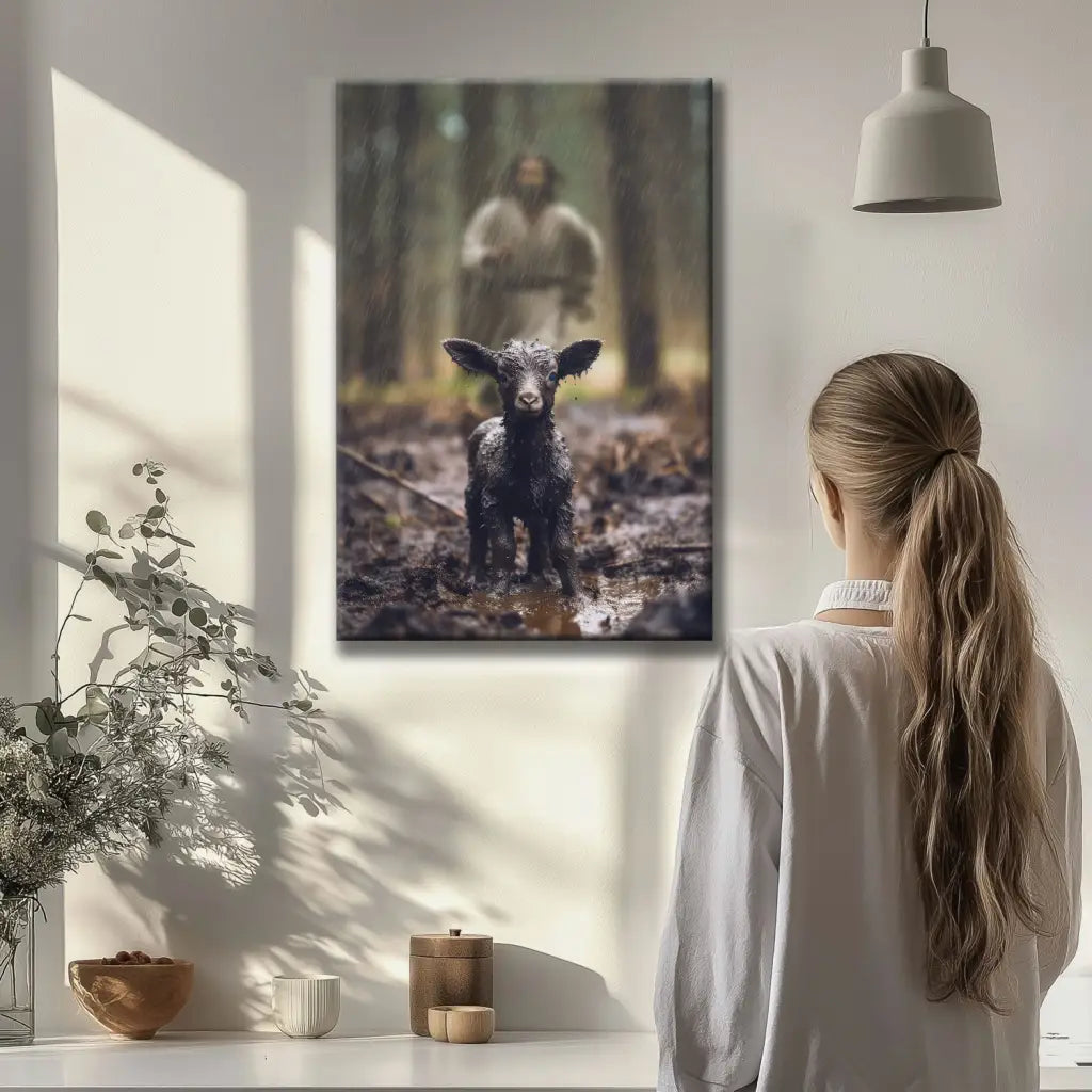 Christian Wall Art - Jesus Runs After His Lost Sheep in the Rainy Forest Canvas