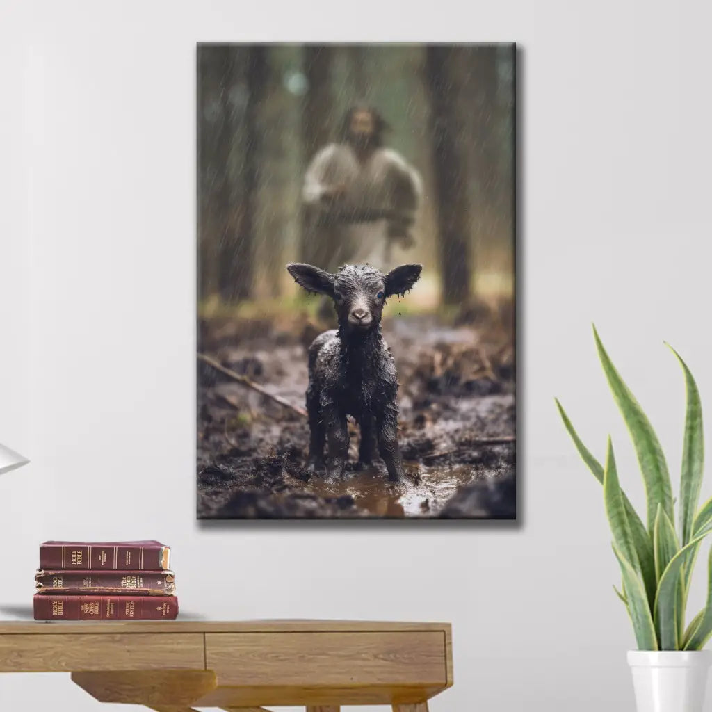 Christian Wall Art - Jesus Runs After His Lost Sheep in the Rainy Forest Canvas
