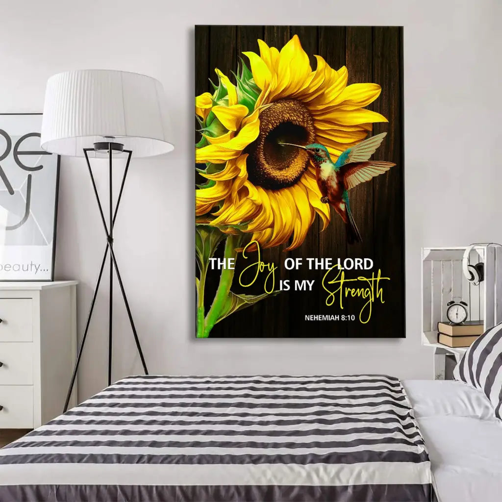 Christian Canvas Print - The Joy Of The Lord Is My Strength Wall Art, Sunflower Hummingbird