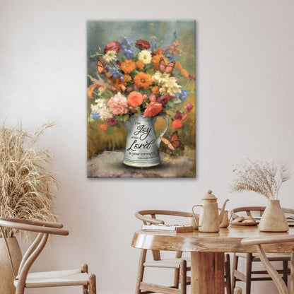 The Joy of the Lord is Your Strength Nehemiah 8:10, Flowers, Butterfly, Wall Art Canvas