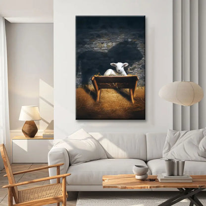 The Lamb of God in the Manger, Lion and Lamb Nativity Scene, Christian Wall Art Canvas