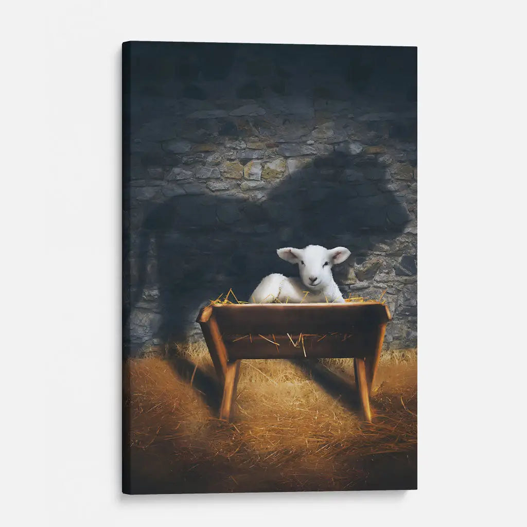 The Lamb of God in the Manger, Lion and Lamb Nativity Scene, Christian Wall Art Canvas