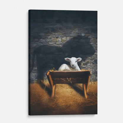 The Lamb of God in the Manger, Lion and Lamb Nativity Scene, Christian Wall Art Canvas