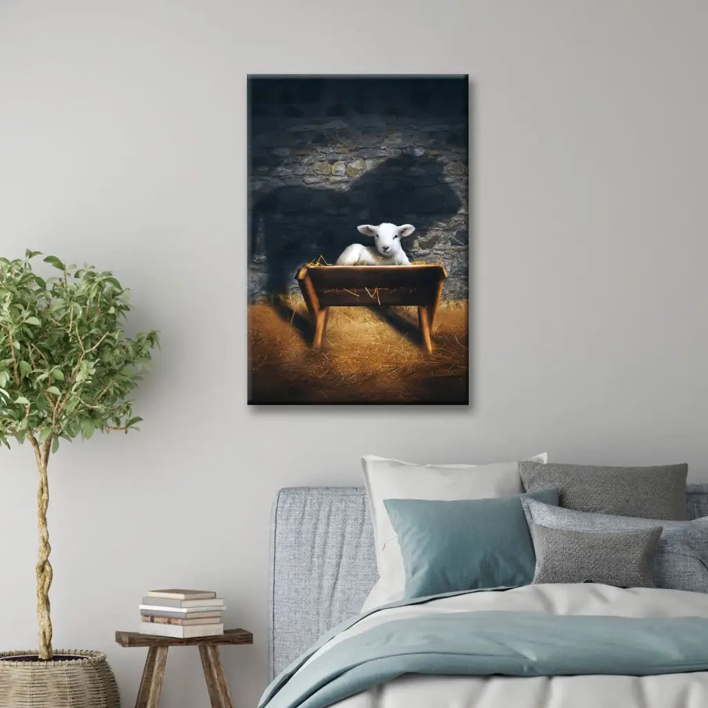 The Lamb of God in the Manger, Lion and Lamb Nativity Scene, Christian Wall Art Canvas