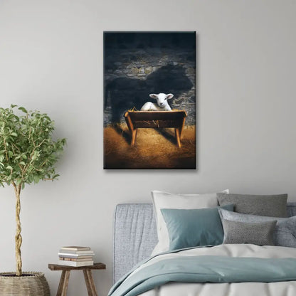 The Lamb of God in the Manger, Lion and Lamb Nativity Scene, Christian Wall Art Canvas