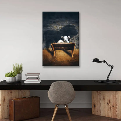 The Lamb of God in the Manger, Lion and Lamb Nativity Scene, Christian Wall Art Canvas