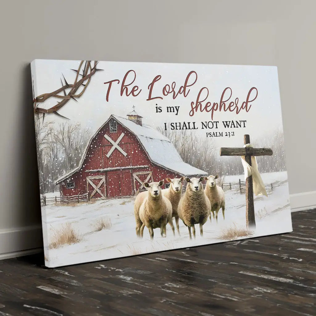 The Lord is My Shepherd Psalm 23:1, Red Barn With Sheep, Christmas Wall Art Canvas