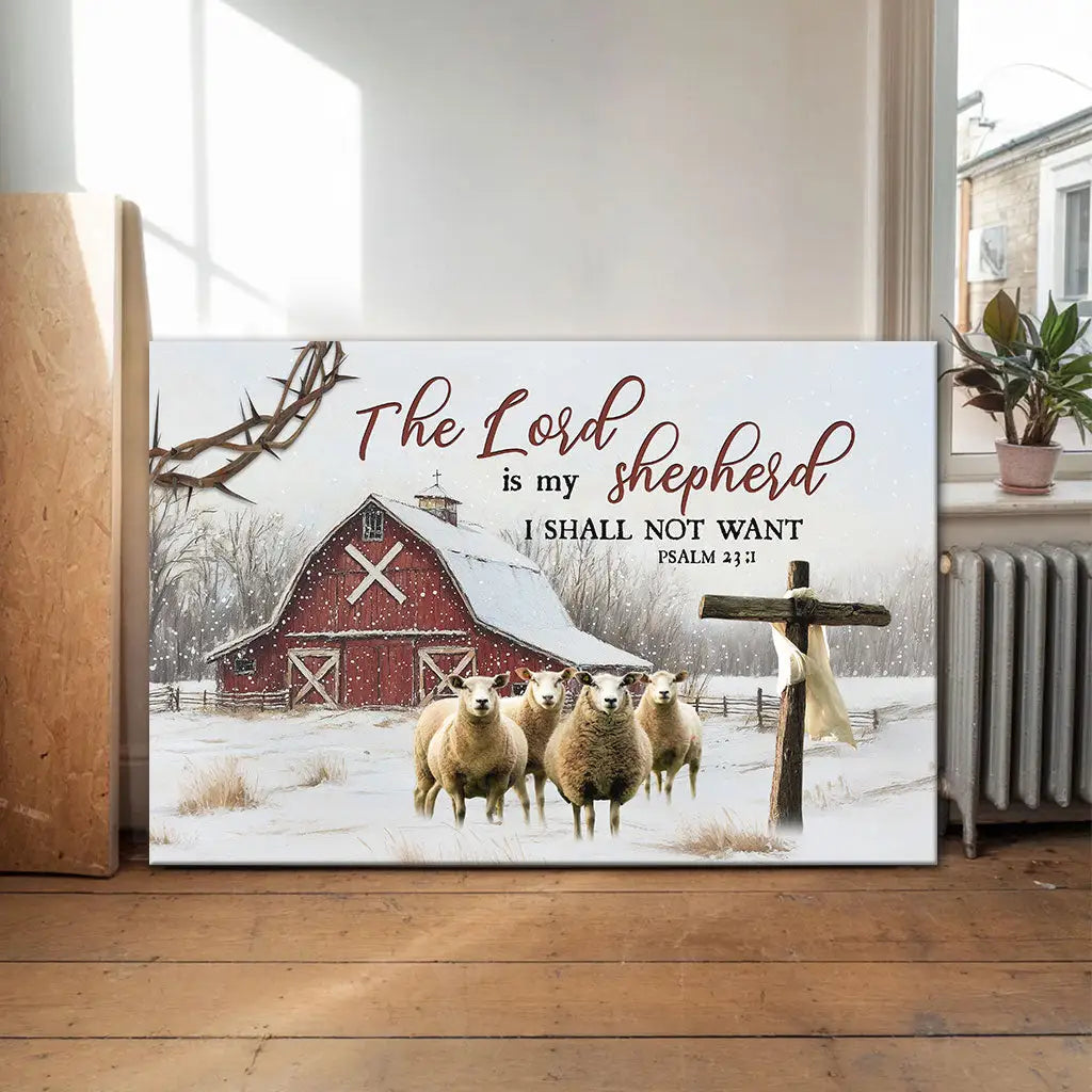 The Lord is My Shepherd Psalm 23:1, Red Barn With Sheep, Christmas Wall Art Canvas