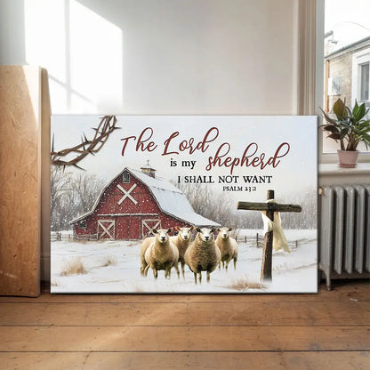 The Lord is My Shepherd Psalm 23:1, Red Barn With Sheep, Christmas Wall Art Canvas