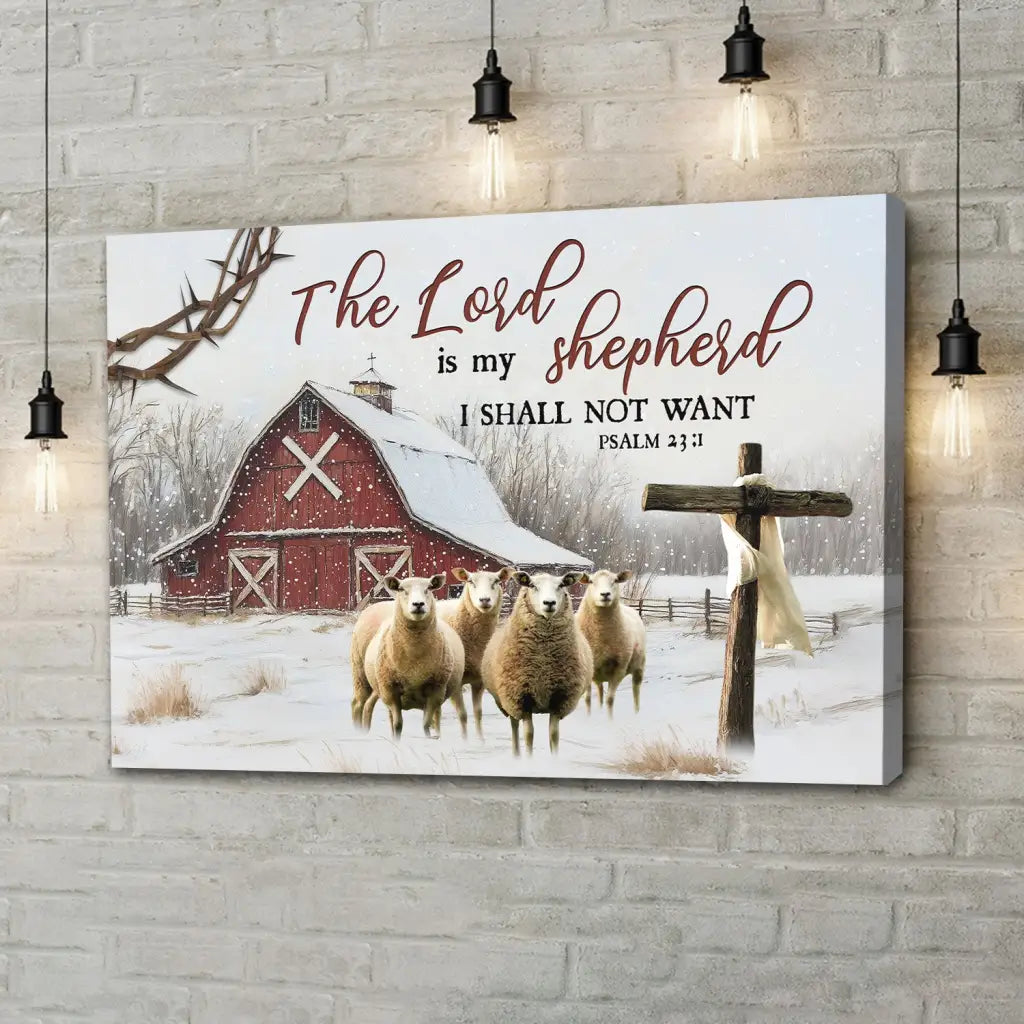 The Lord is My Shepherd Psalm 23:1, Red Barn With Sheep, Christmas Wall Art Canvas