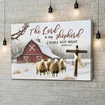 The Lord is My Shepherd Psalm 23:1, Red Barn With Sheep, Christmas Wall Art Canvas