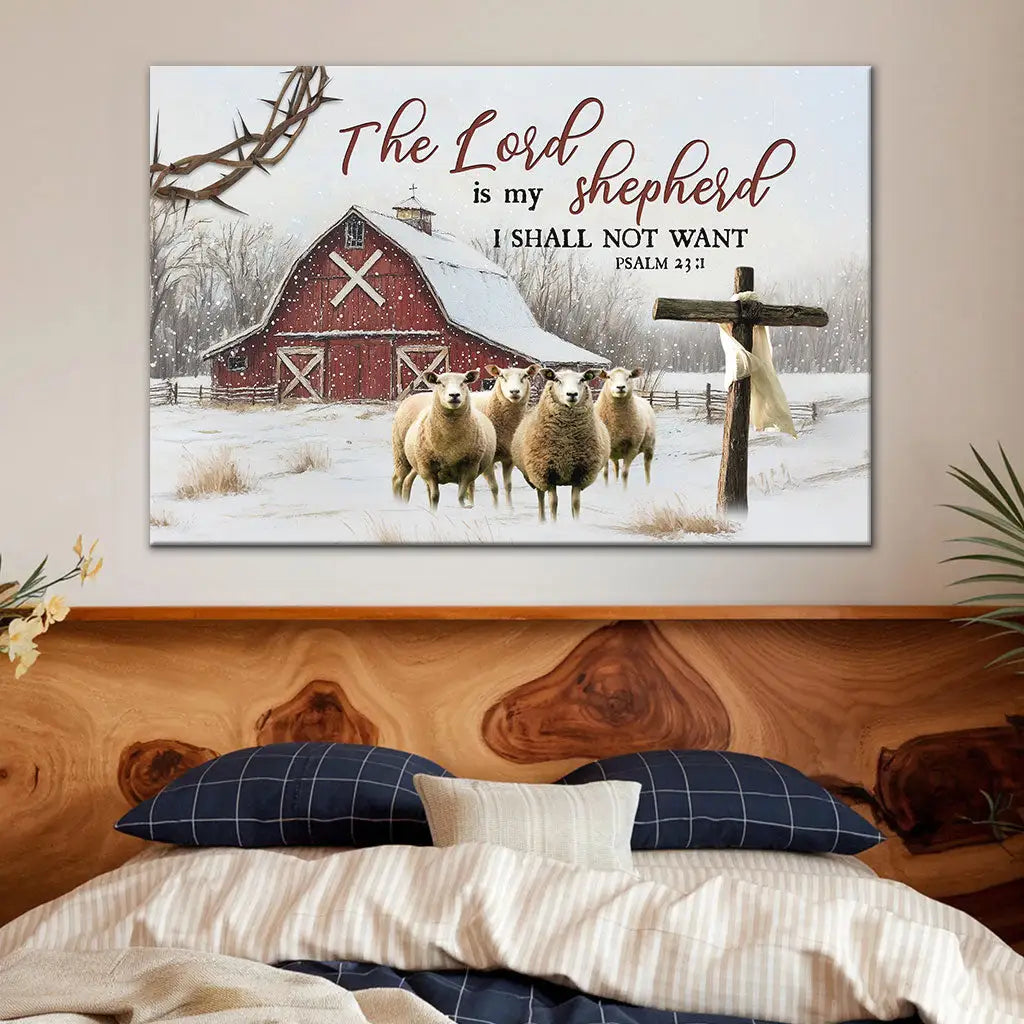 The Lord is My Shepherd Psalm 23:1, Red Barn With Sheep, Christmas Wall Art Canvas