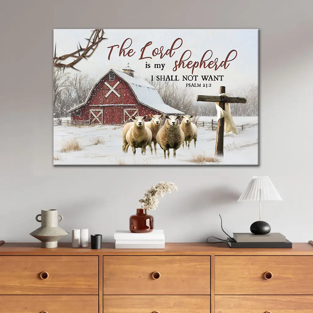 The Lord is My Shepherd Psalm 23:1, Red Barn With Sheep, Christmas Wall Art Canvas