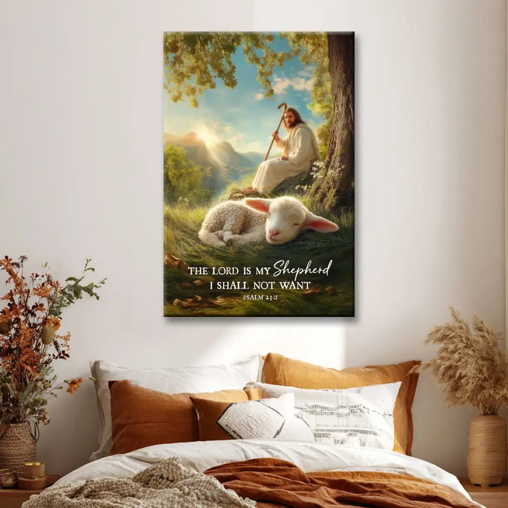 The Lord Is My Shepherd Psalm 23:1 Christian Wall Art Canvas – Jesus with Lamb