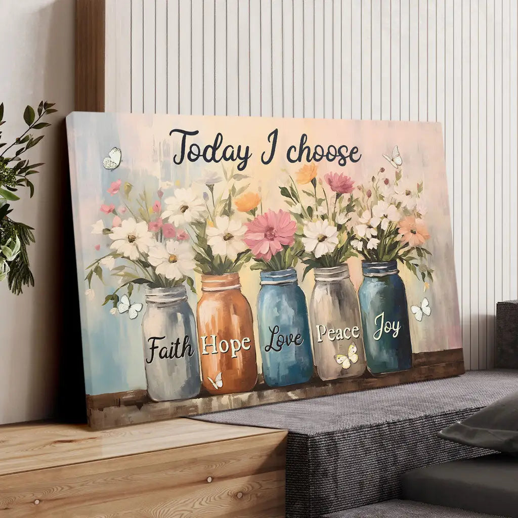 Today I Choose Faith Hope Love Peace Joy, Mason Jar Flowers, Wall Art Canvas