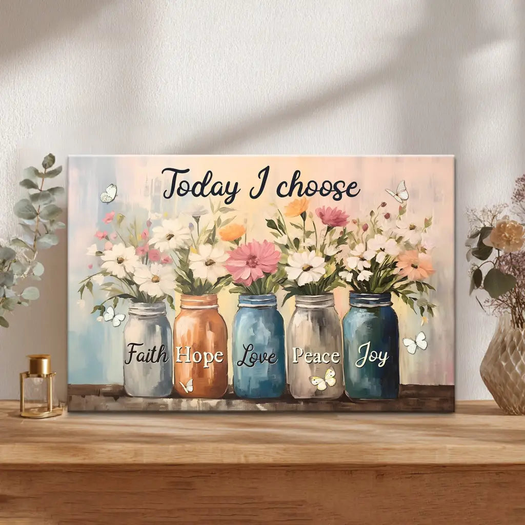 Today I Choose Faith Hope Love Peace Joy, Mason Jar Flowers, Wall Art Canvas