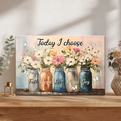 Today I Choose Faith Hope Love Peace Joy, Mason Jar Flowers, Wall Art Canvas