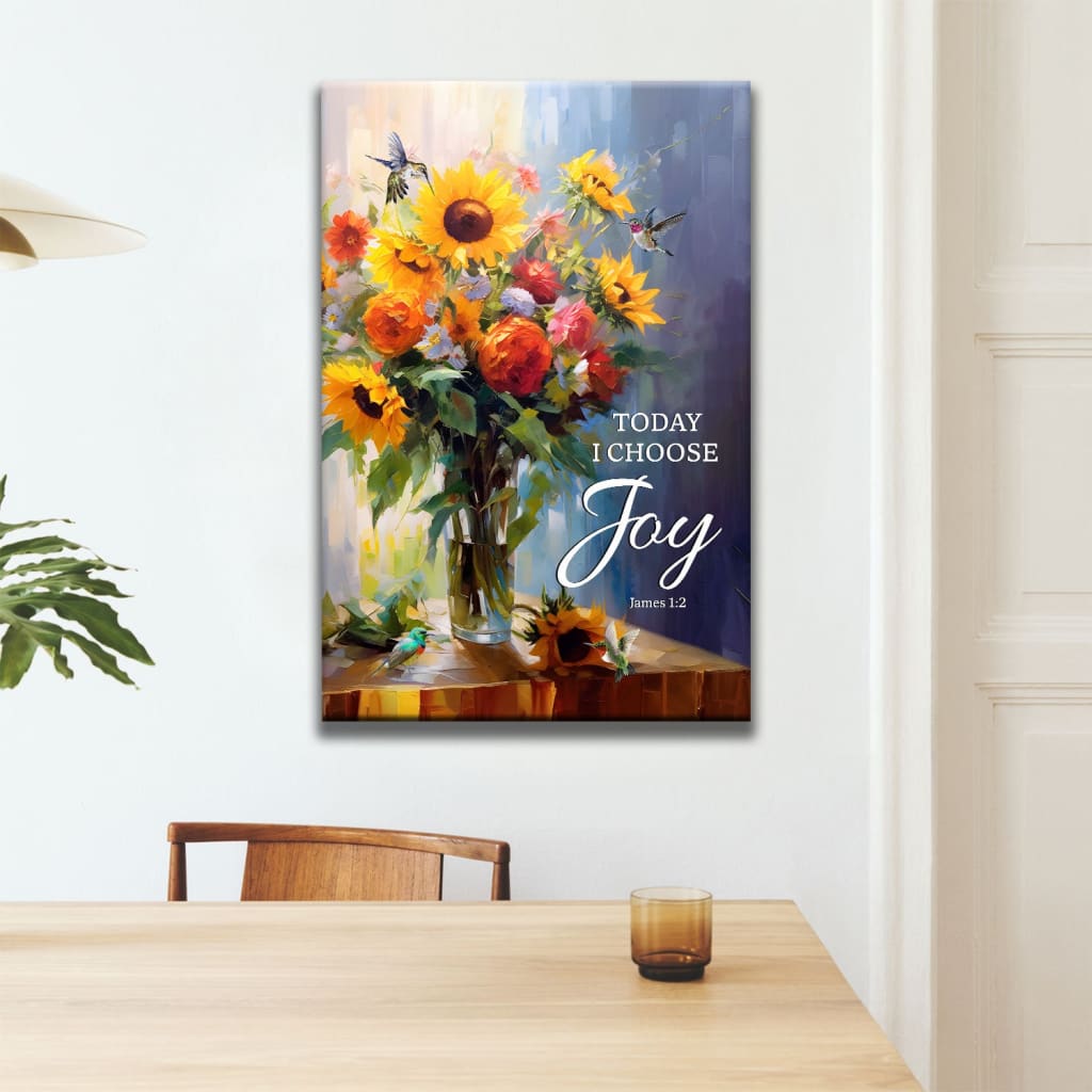 Today I Choose Joy Art, Hummingbird Sunflower, Christian Wall Art Canvas
