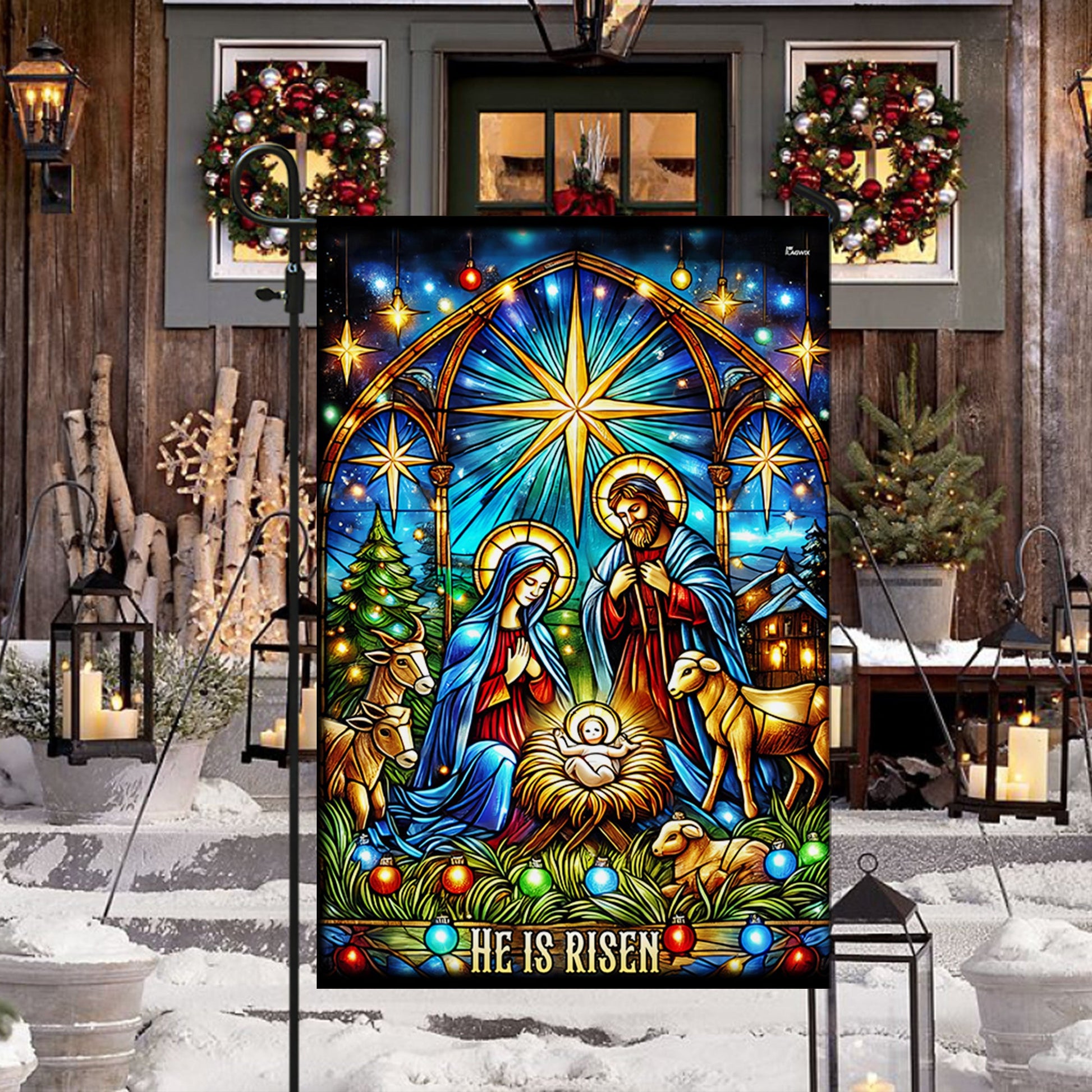 Nativity of Jesus Stained Glass Christmas He Is Risen Flag