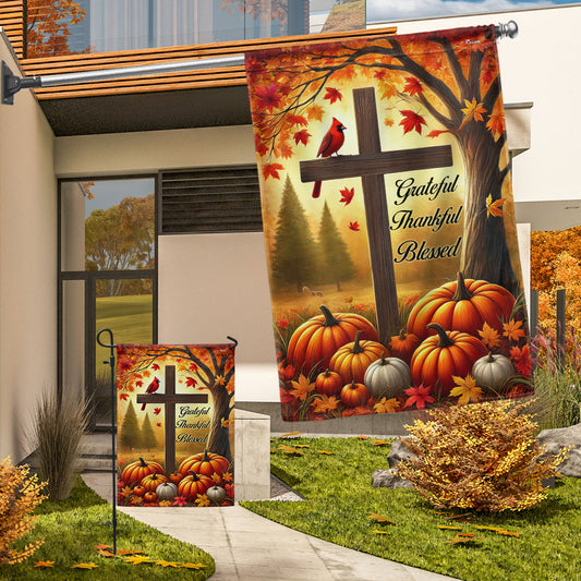 Fall Jesus Cross Grateful Thankful Blessed Thanksgiving Halloween Cardinal Flag