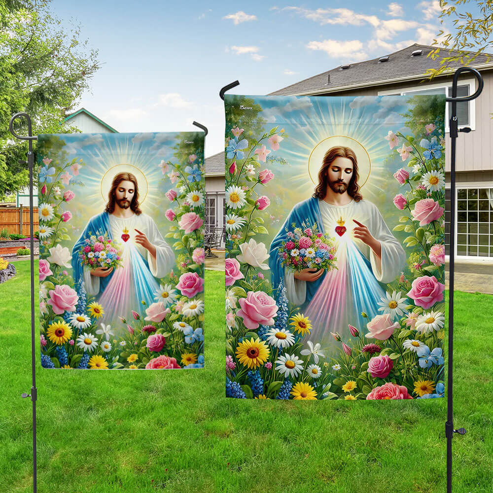 Jesus Holding Flowers Garden Spring Flag