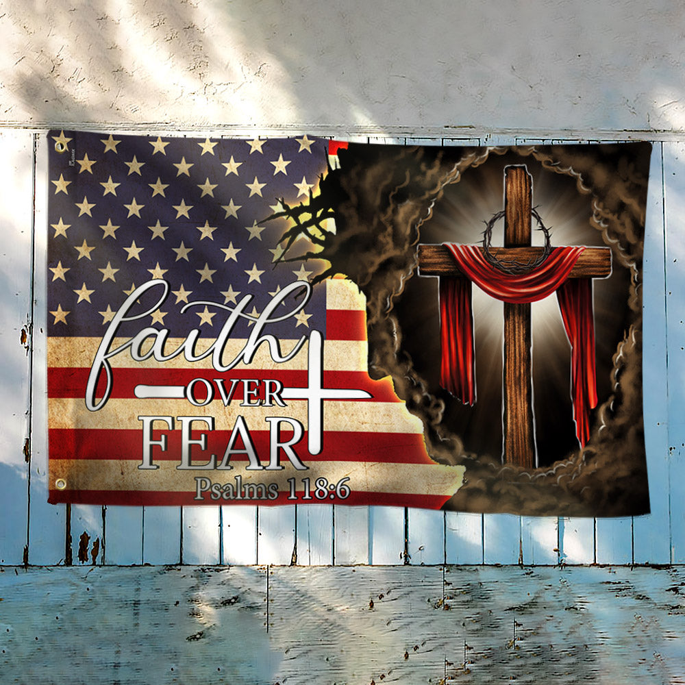 Jesus. Christian Cross. Faith Over Fear American Flag