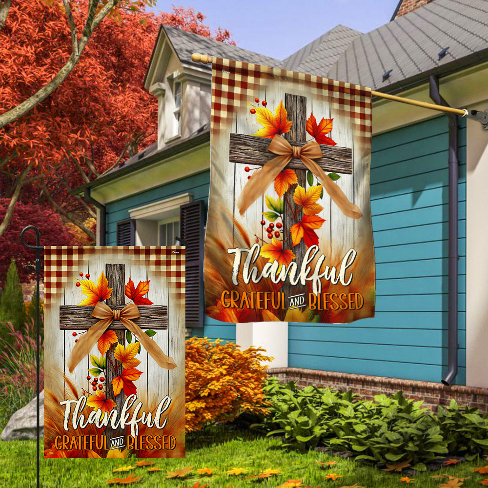 Fall Cross Thankful Grateful And Blessed Thanksgiving Halloween Flag