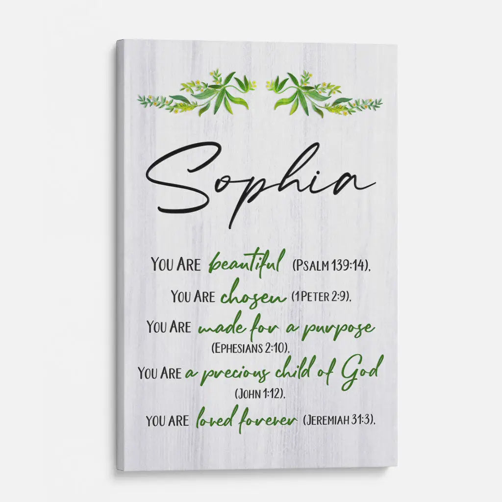 You Are Beautiful, Chosen, Made for a Purpose, Personalized Christian Wall Art Canvas
