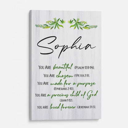 You Are Beautiful, Chosen, Made for a Purpose, Personalized Christian Wall Art Canvas