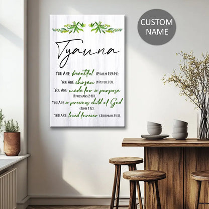 You Are Beautiful, Chosen, Made for a Purpose, Personalized Christian Wall Art Canvas