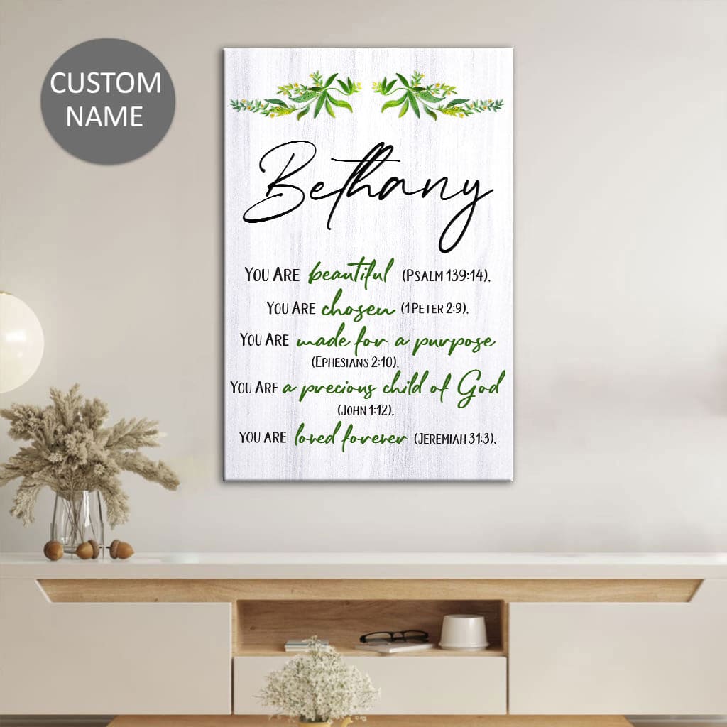 You Are Beautiful, Chosen, Made for a Purpose, Personalized Christian Wall Art Canvas