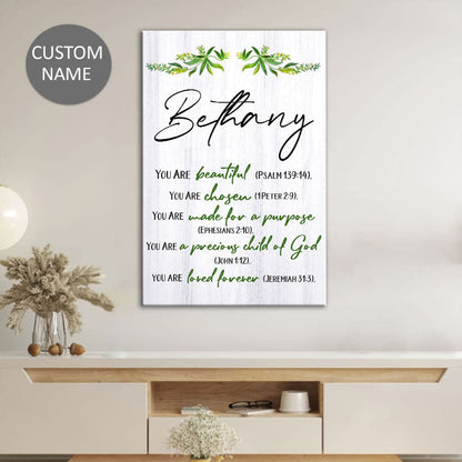 You Are Beautiful, Chosen, Made for a Purpose, Personalized Christian Wall Art Canvas