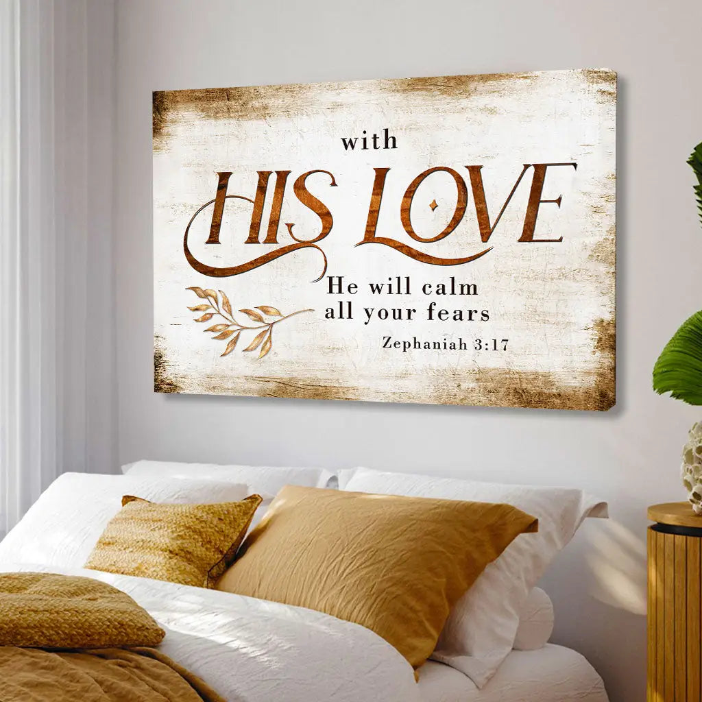 Rustic Zephaniah 3:17 With His Love He Will Calm All Your Fears Christian Wall Art Canvas