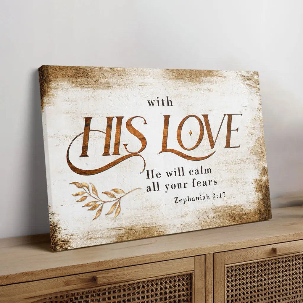 Rustic Zephaniah 3:17 With His Love He Will Calm All Your Fears Christian Wall Art Canvas