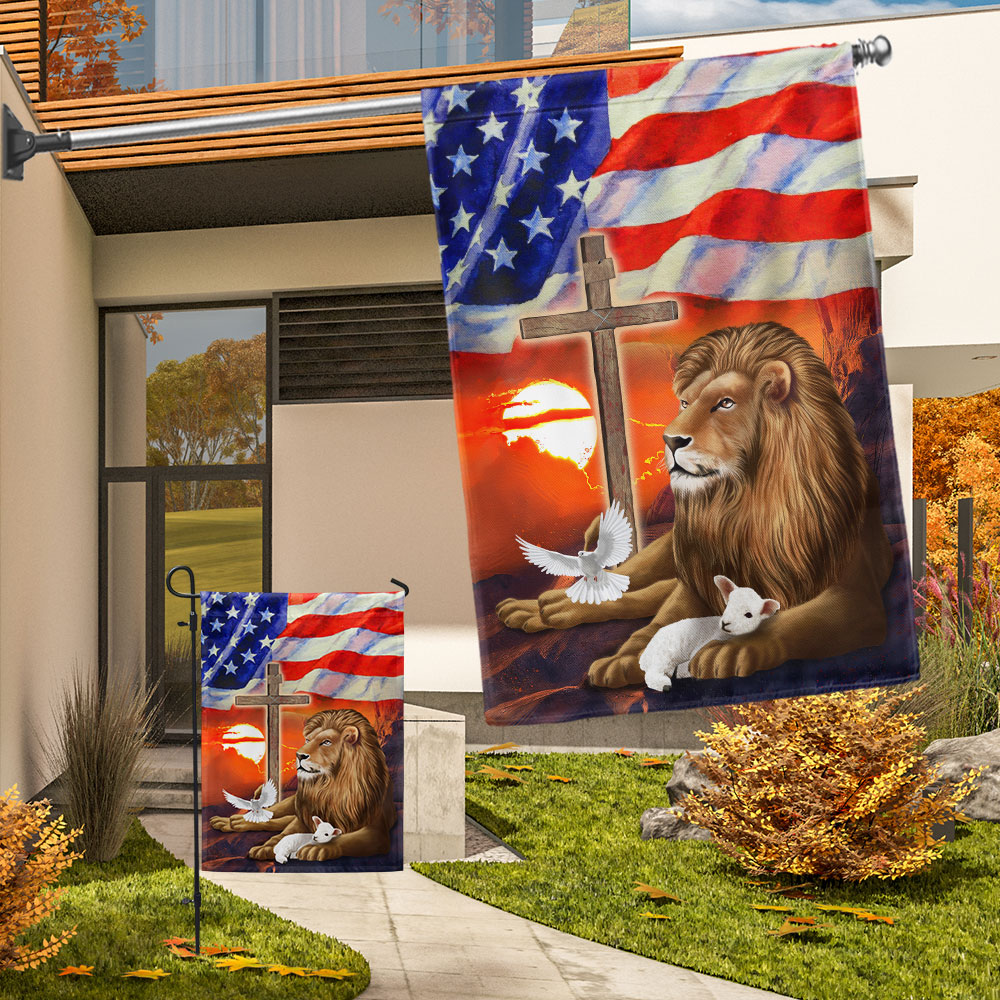 Lion and Lamb Christian Cross American Flag